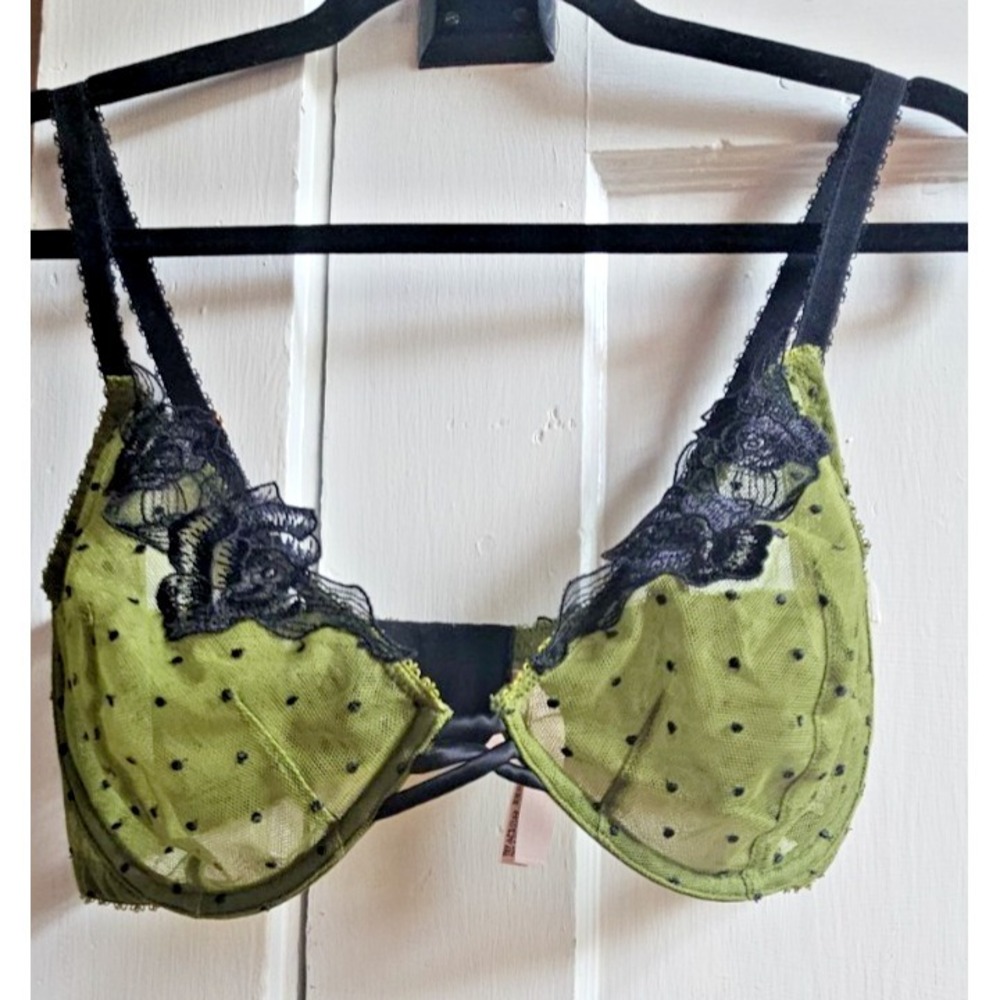 Victoria's Secret Very Sex unlined demi bra green polka dot black lace 34DDD